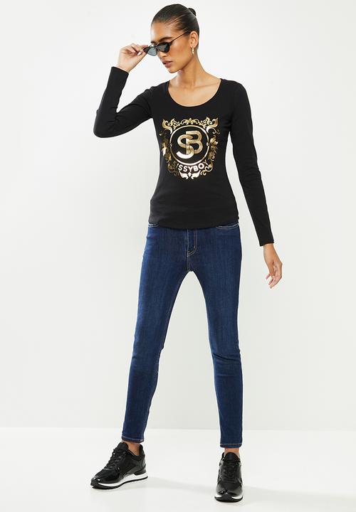 SISSY BOY - Charni: basic round neck top with long sleeves and gold foil print logo - black