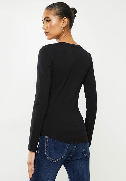SISSY BOY - Charni: basic round neck top with long sleeves and gold foil print logo - black