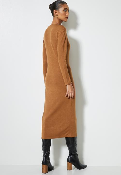 VELVET - Brushed cut & sew henley longline cardi dress - brown