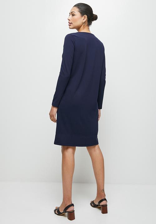 edit - Longsleeve notchneck pocket shift dress - navy