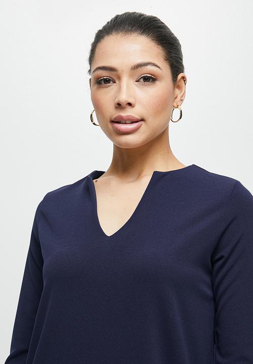 edit - Longsleeve notchneck pocket shift dress - navy
