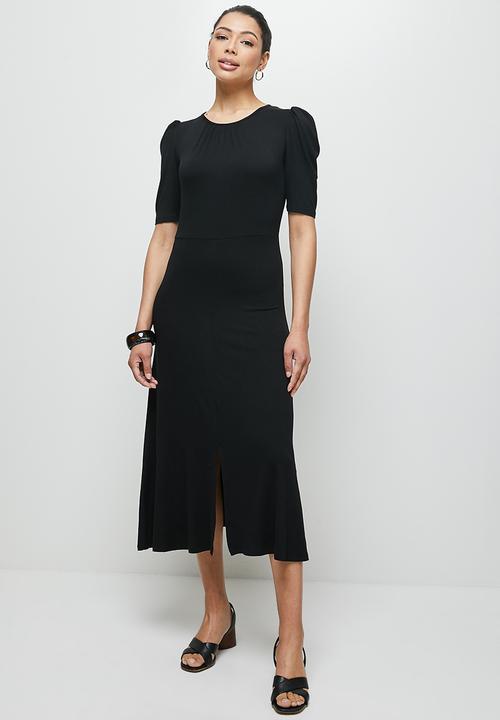 edit - Ruched sleeve slit midi - black