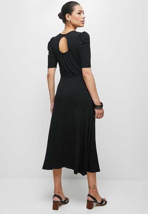 edit - Ruched sleeve slit midi - black