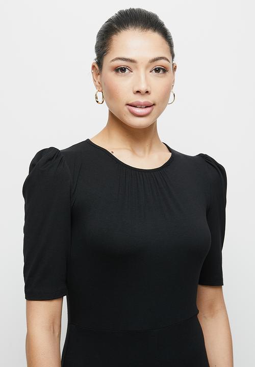 edit - Ruched sleeve slit midi - black