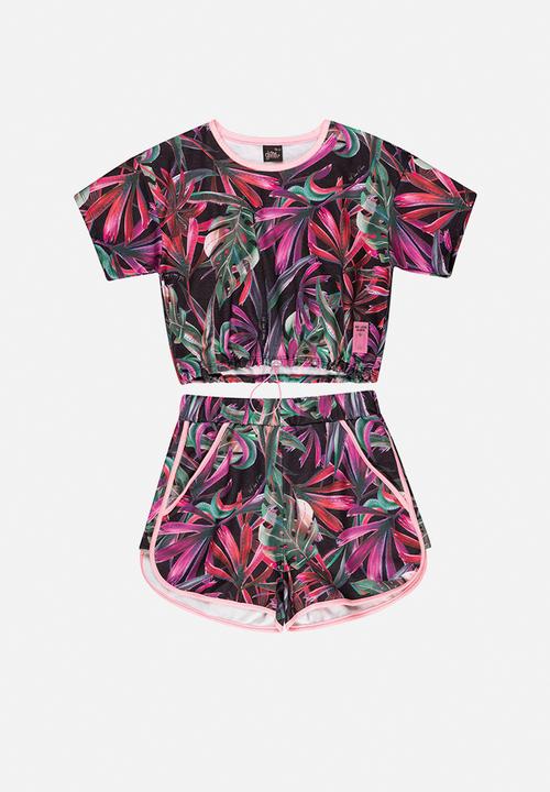 Gloss - Girls printed crop top & shorts set - black & pink 
