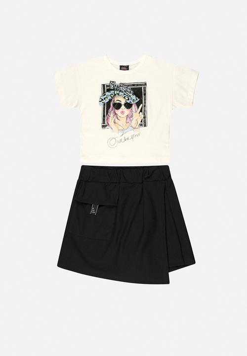 Gloss - Girls crop top & skort set - off white & black