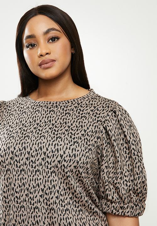 Me&B - Plus animal elasticated jacquard hem top - taupe & black 