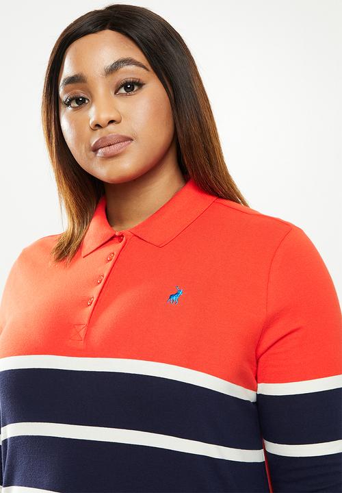 POLO - Plus Cassidy long sleeve stripe stretch golfer - orange & navy 