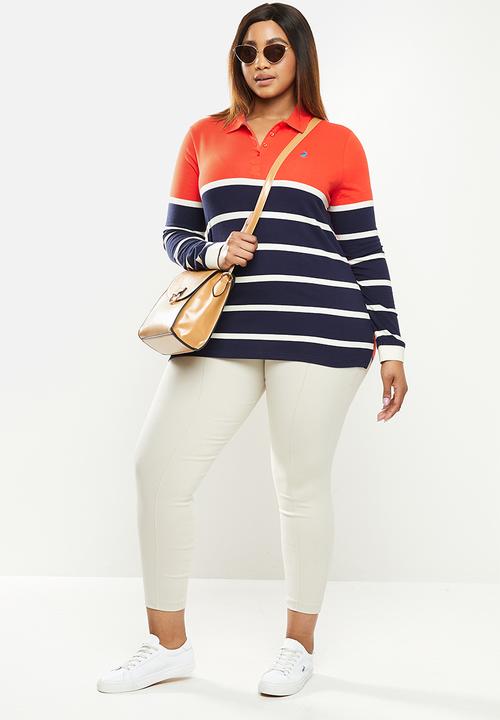 POLO - Plus Cassidy long sleeve stripe stretch golfer - orange & navy 