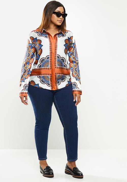 POLO - Plus Sibongile long sleeve printed shirt - orange & blue 