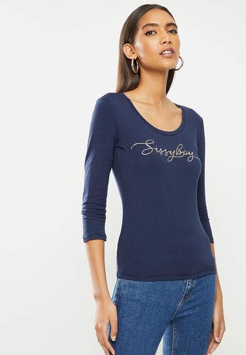 SISSY BOY - Darling dear: transfer, bling logo 3/4 sleeve top - navy
