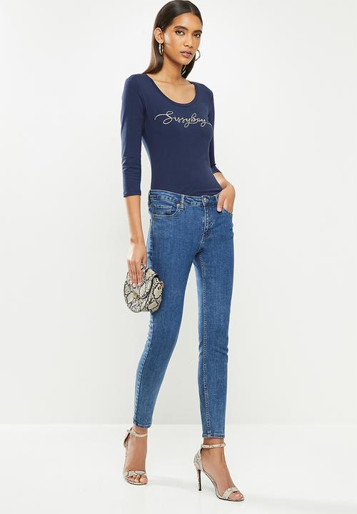 SISSY BOY - Darling dear: transfer, bling logo 3/4 sleeve top - navy