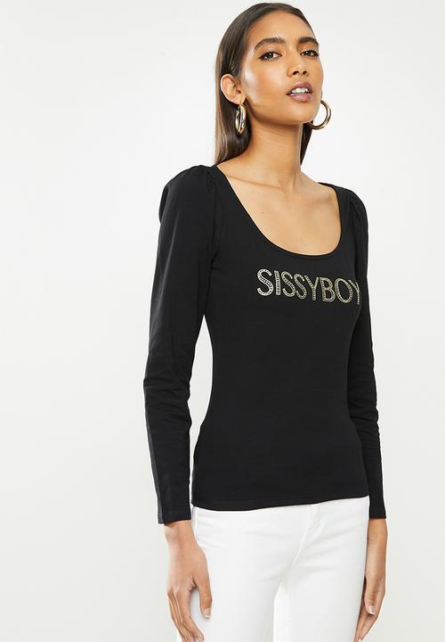 SISSY BOY - Camilla: bardot styled top with bling logo - black