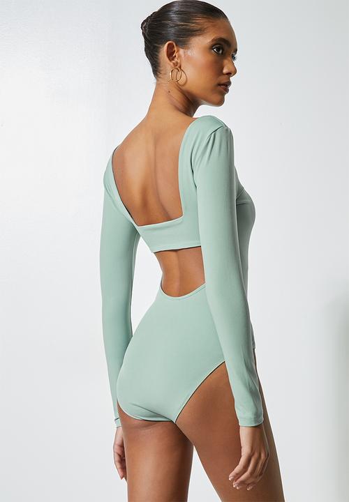 VELVET - Square neck back detail bodysuit - green