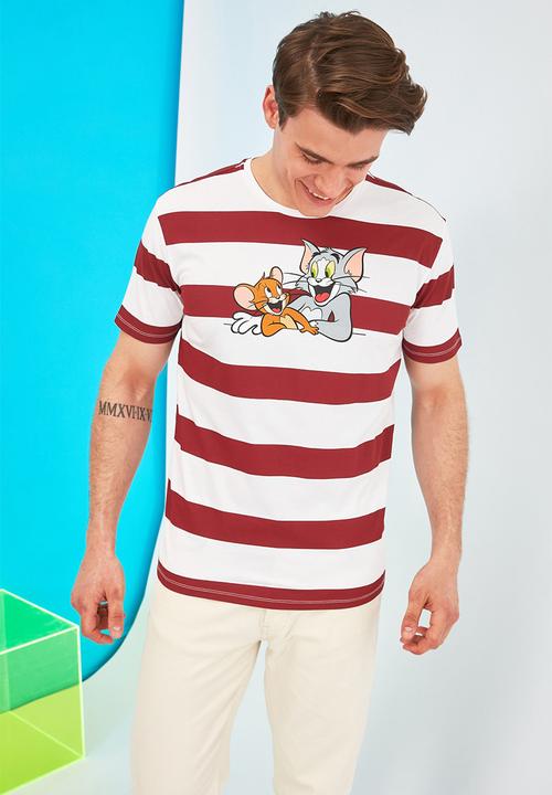 Trendyol - Printed stripe short sleeve tee - burgundy & white 
