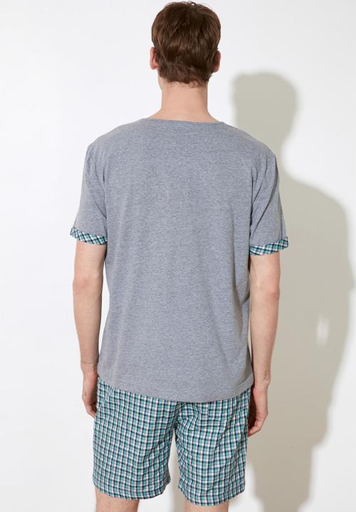 Trendyol - Top & check shorts pj set - grey & green 