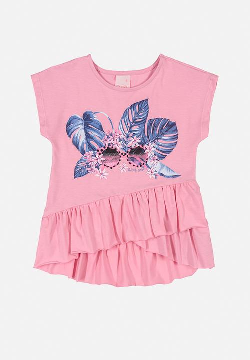 Quimby - Girls leaf tee & pants set - pink & blue