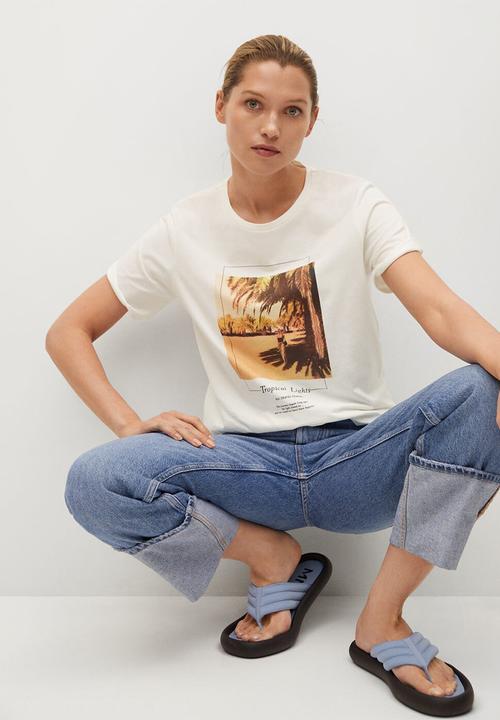 MANGO - T-shirt pstrop - ecru