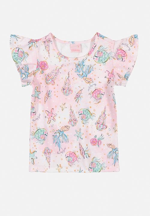 Quimby - Girls printed tee & sweatshorts set - pink & navy