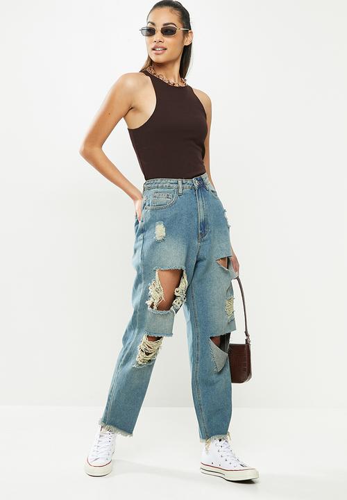 Missguided - Petite riot high rise ripped mom jean authentic - blue