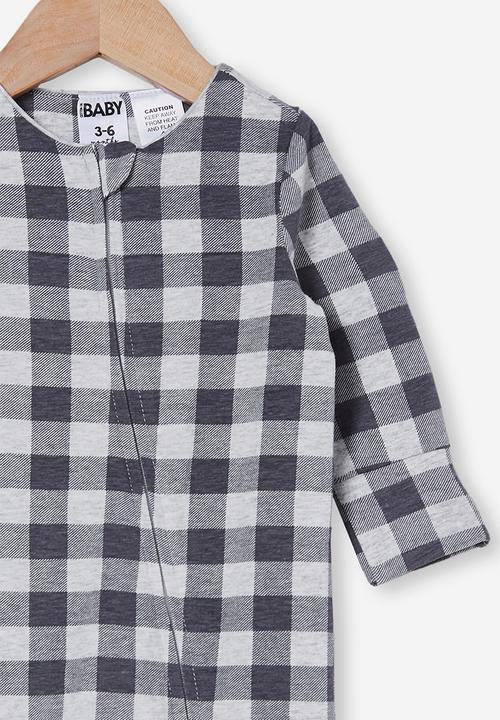Cotton On - The long sleeve zip romper - rabbit grey/cloud marle maxi gingham