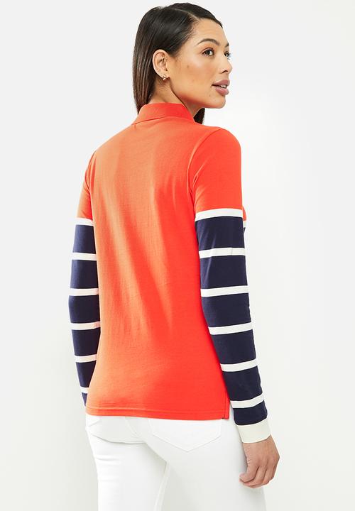 POLO - Cassidy long sleeve stripe stretch golfer - orange & navy