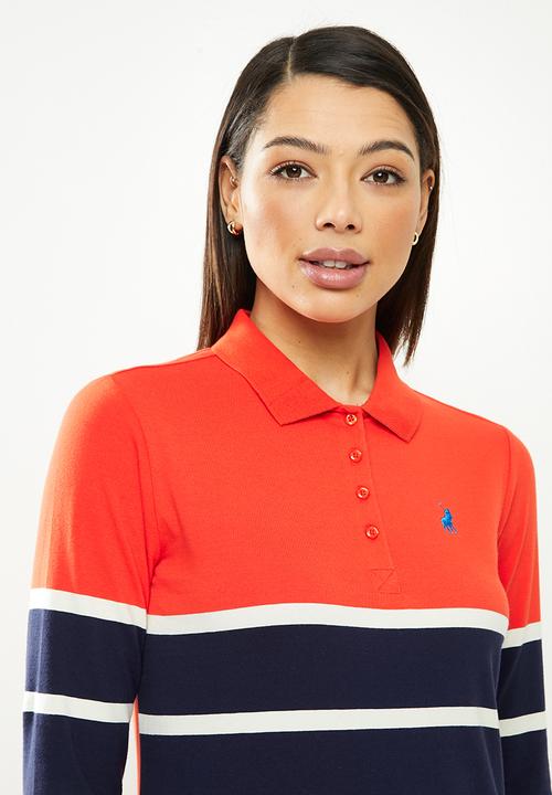 POLO - Cassidy long sleeve stripe stretch golfer - orange & navy