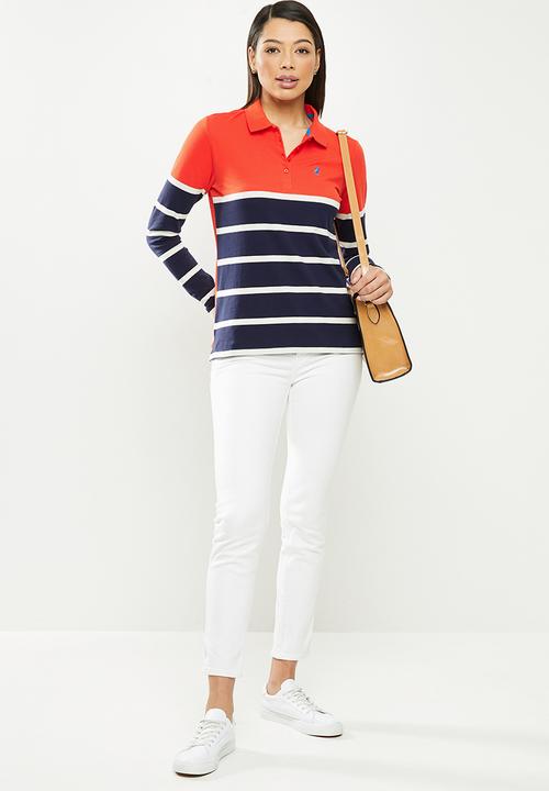 POLO - Cassidy long sleeve stripe stretch golfer - orange & navy