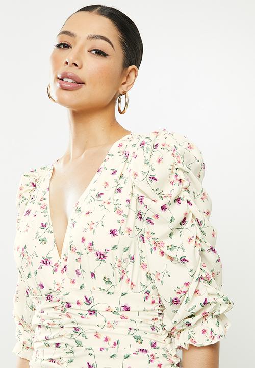 Missguided - Floral print ruched mini dress - white