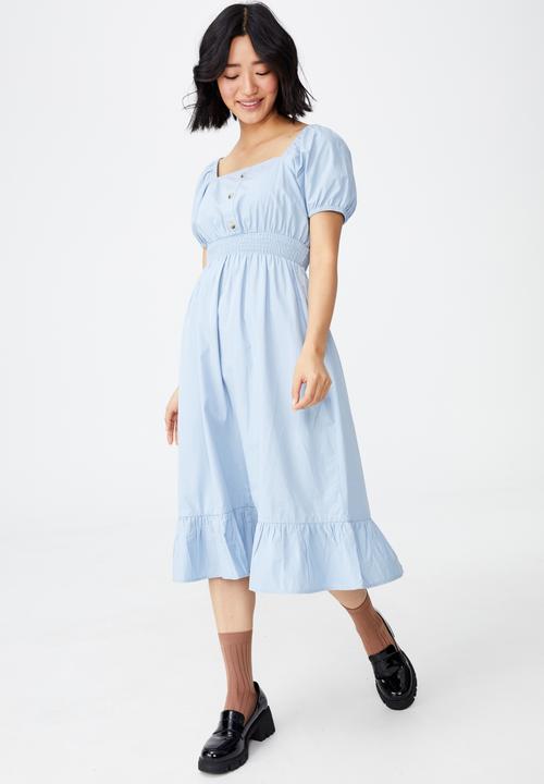 Cotton On - Woven petite everly short sleeve midi corset dress - wave washed blue