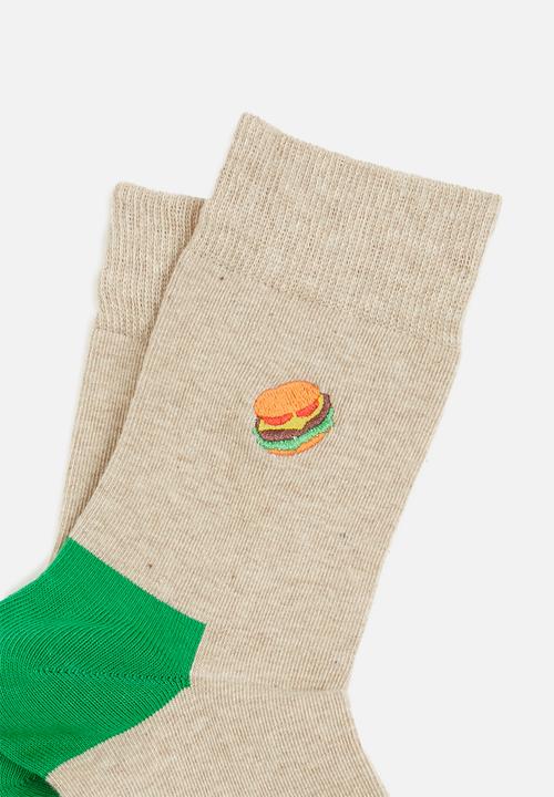 Happy Socks - Embroidery burger half crew socks - beige