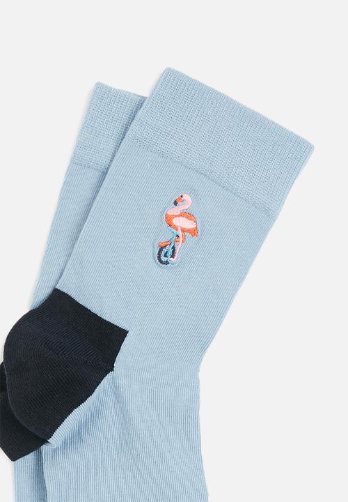 Happy Socks - Embroidery flamingo half crew socks - blue