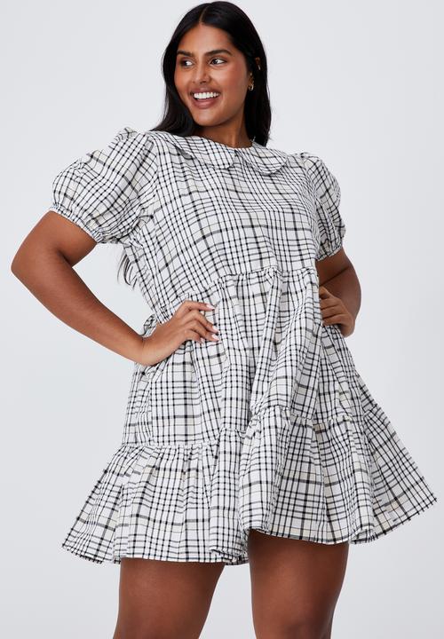 Cotton On - Curve alice collar mini dress -white & black 