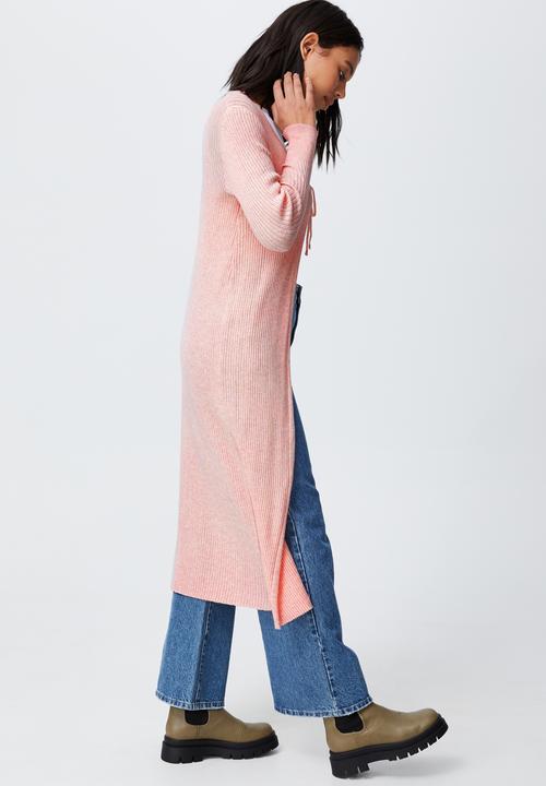 Cotton On - Cotton vegetable dye ribbed longline cardi - mulberry pink marle
