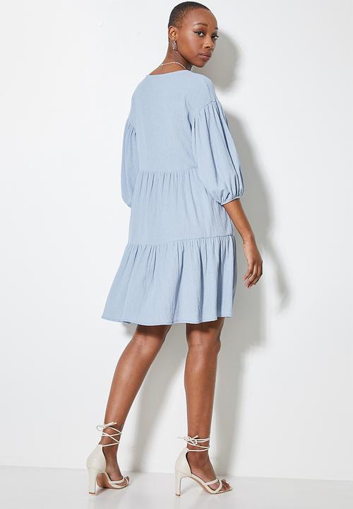 VELVET - Volume babydoll mini tiered dress - blue 