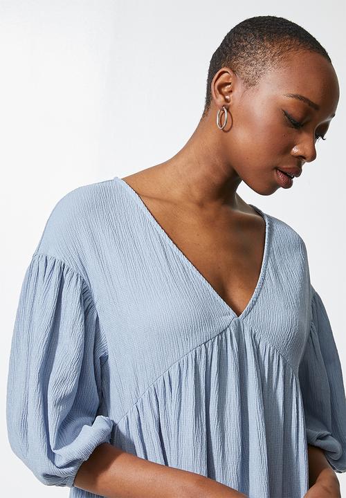 VELVET - Volume babydoll mini tiered dress - blue 