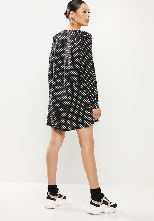 Missguided - Button thru smock dress polka - black