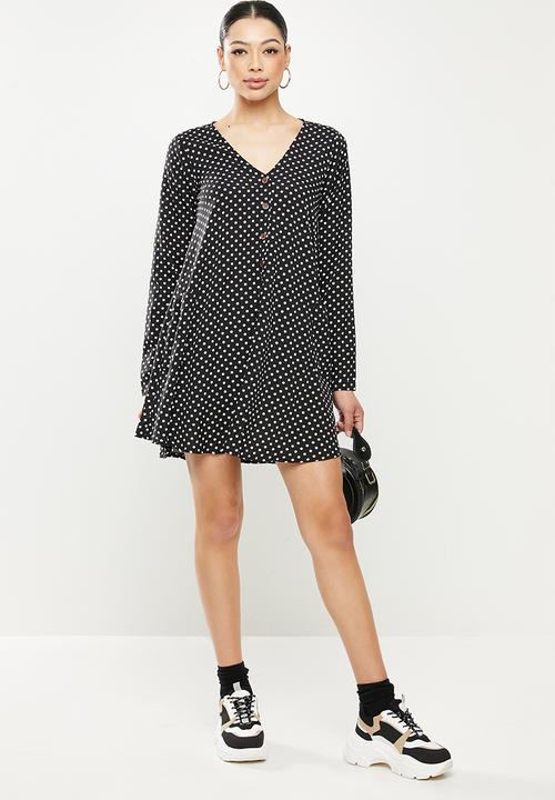 Missguided - Button thru smock dress polka - black