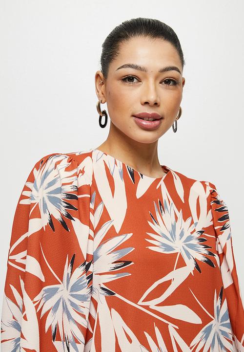 edit - Bellow sleeve tunic dress - rust exotic leaves