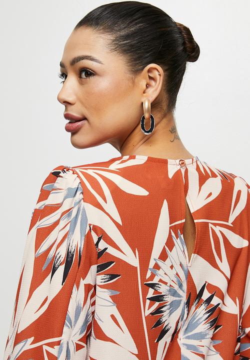edit - Bellow sleeve tunic dress - rust exotic leaves