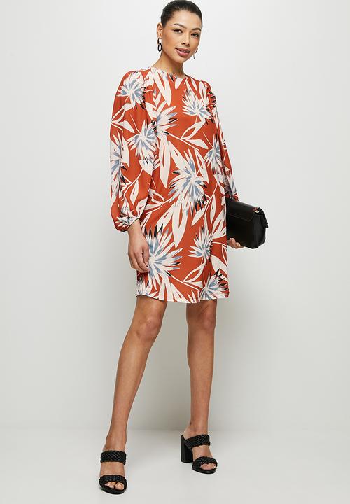 edit - Bellow sleeve tunic dress - rust exotic leaves