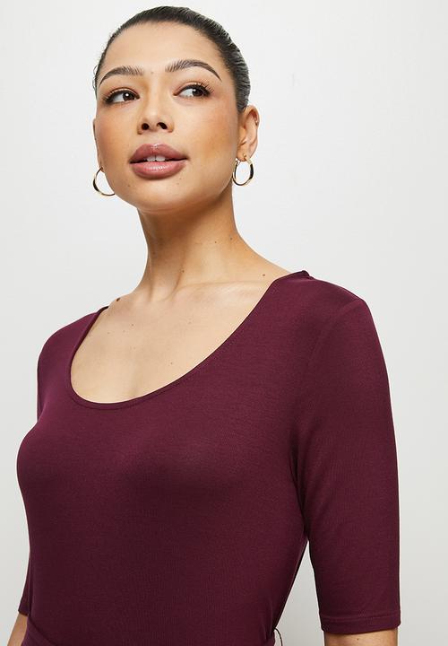 edit - Conscious ballet sleeve scoop neck slit midi - berry