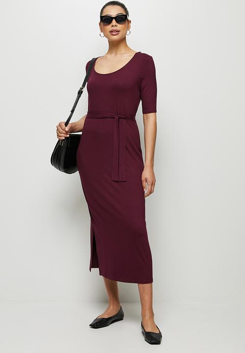 edit - Conscious ballet sleeve scoop neck slit midi - berry