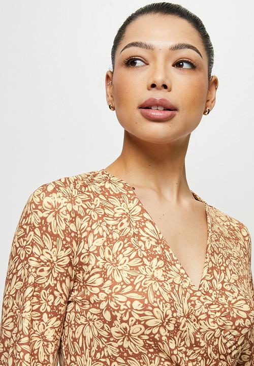 edit - Knit balloon sleeve wrap midi - rust blush mono floral