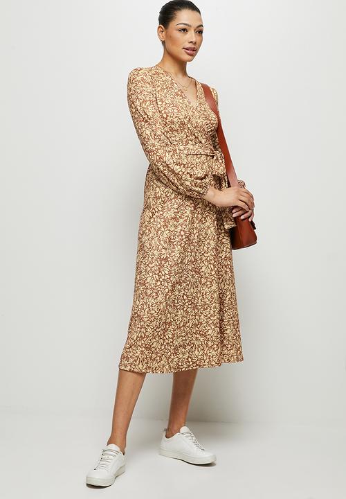 edit - Knit balloon sleeve wrap midi - rust blush mono floral
