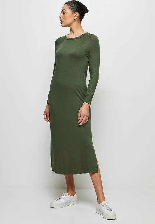 edit - Conscious long sleeve raglan slit midi - dark olive