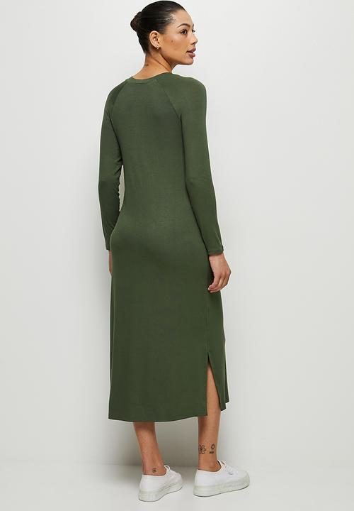 edit - Conscious long sleeve raglan slit midi - dark olive