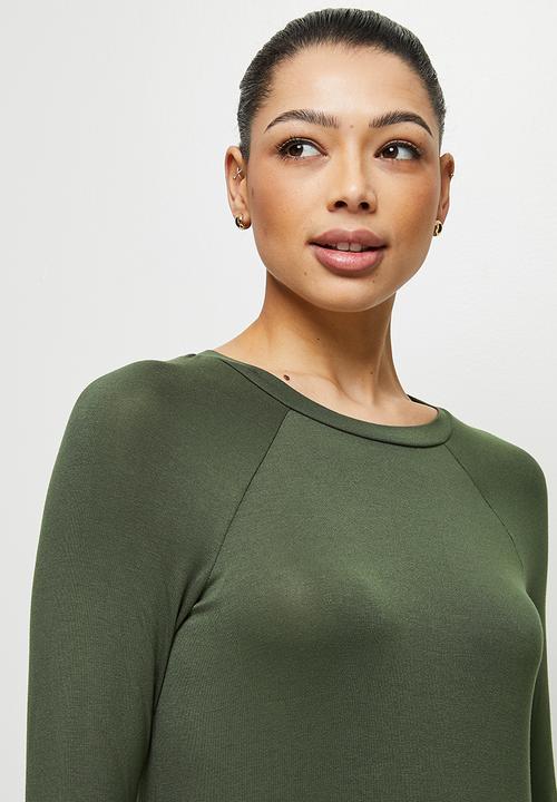 edit - Conscious long sleeve raglan slit midi - dark olive