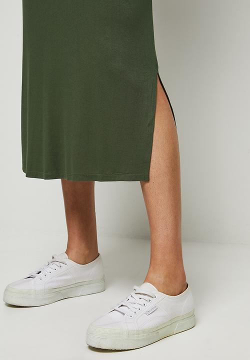 edit - Conscious long sleeve raglan slit midi - dark olive