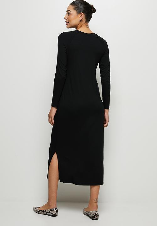 edit - Conscious long sleeve raglan slit midi - black
